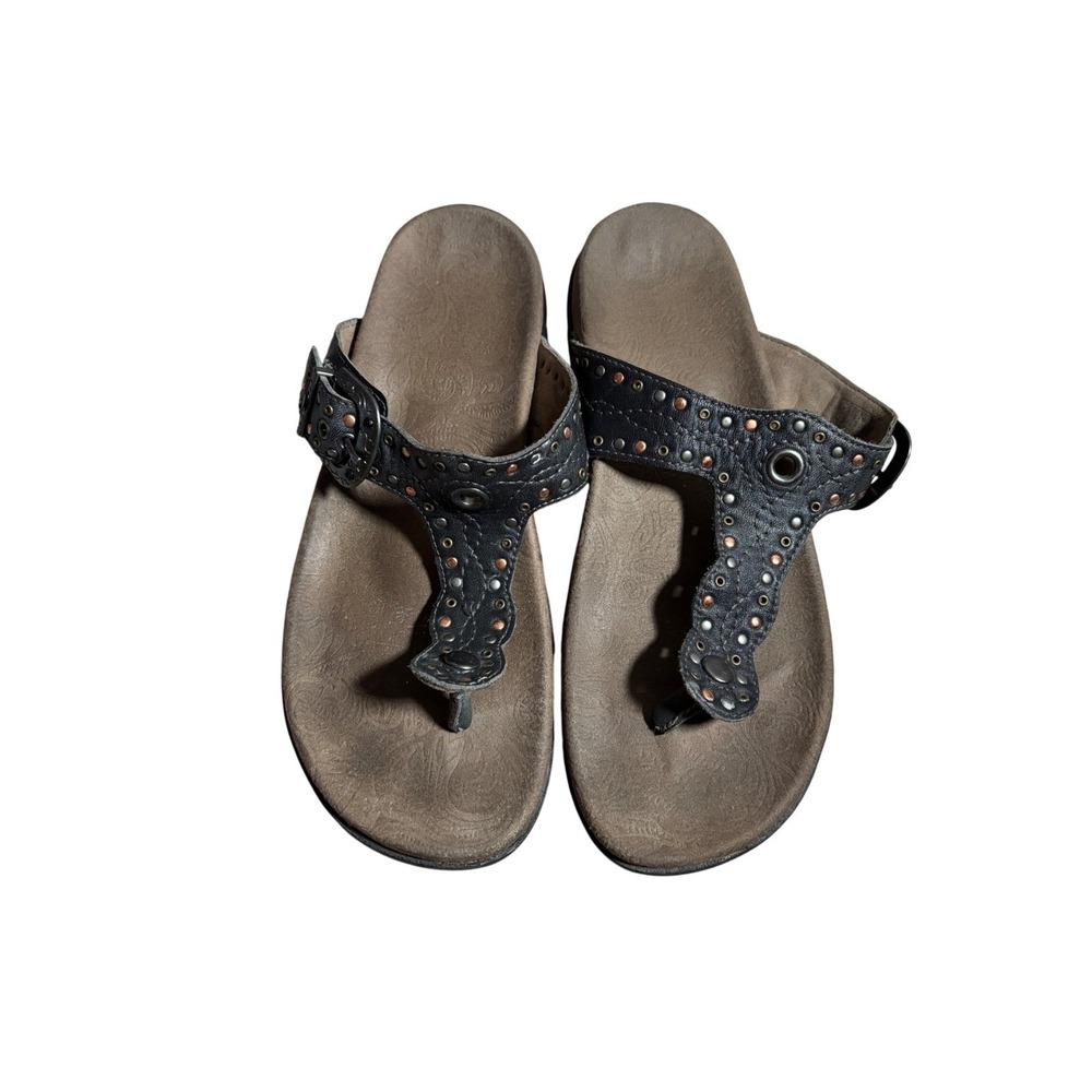 Taos Womens 8 Siren Black Leather Studded Thong Sandals Beach Festival Comfort
